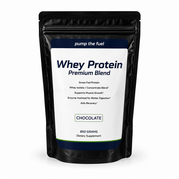 PUMPTHEFUEL grass-fed chocolate whey protein powder 950 grams, 2 lb tub front view