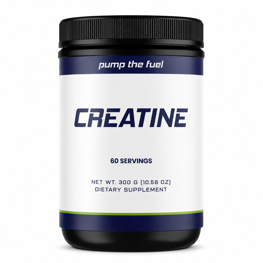 Pump The Fuel Creatine Monohydrate Powder, 300g black tub with navy label, 60 servings, dietary supplement, white background