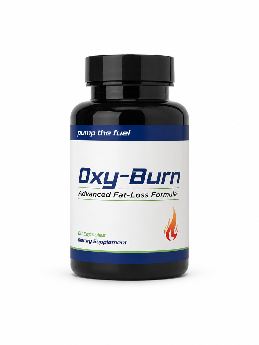Pump The Fuel Oxy-Burn advanced fat-loss formula dietary supplement bottle with 60 capsules on white background
