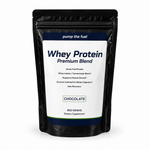 PUMPTHEFUEL grass-fed chocolate whey protein powder 950 grams,  2 lb tub front view