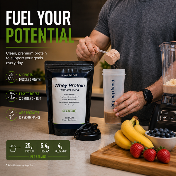 Athlete mixing PUMPTHEFUEL grass-fed chocolate whey protein shake with 25g protein, 5.4g BCAAs, and 4g glutamine per serving