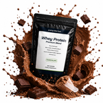 Scoop of PUMPTHEFUEL grass-fed chocolate whey protein powder, best designed whey protein 