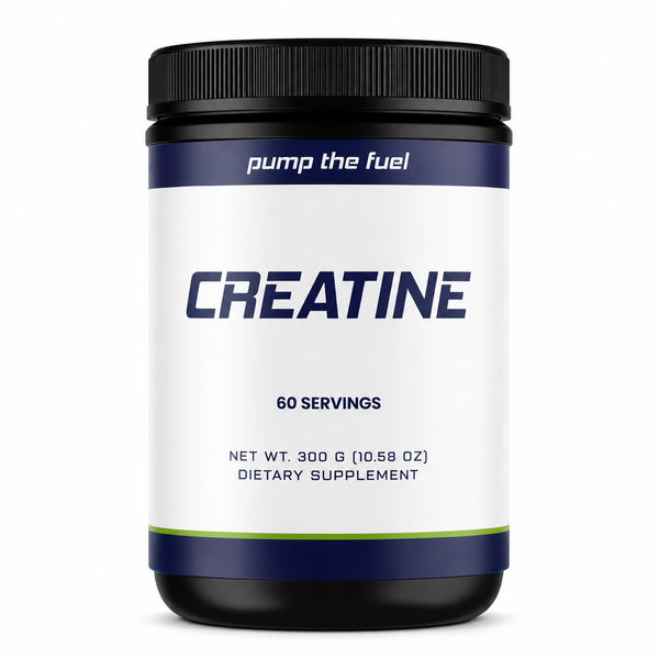Pump The Fuel Creatine Monohydrate Powder, 300g black tub with navy label, 60 servings, dietary supplement, white background 