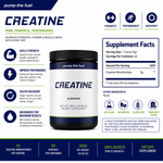 Pump The Fuel Creatine Monohydrate infographic showing supplement facts panel with 5g per serving, 60 servings, benefits Build Strength, Improve Performance, Faster Recovery, Micronized for Maximum Results, no fillers, no additives, gluten free, third party tested 