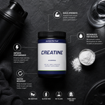 Pump The Fuel Creatine Monohydrate tub on dark background with shaker bottle, measuring scoop, and powder, featuring callouts for Build Strength, Improve Performance, Faster Recovery, Micronized for Results