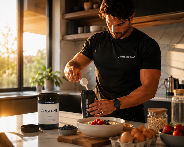 Athletic male model scooping Pump The Fuel Creatine Monohydrate powder into shaker bottle in modern kitchen with healthy food including berries, oats, and eggs in warm golden lighting
