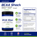 Pump The Fuel BCAA Shock infographic with 4000 mg BCAA 2:1:1, L-glutamine, vitamin B6 and product benefits