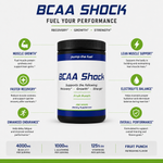 Pump The Fuel BCAA Shock performance infographic showing muscle growth, recovery, endurance and electrolyte support
