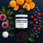 Elderberry Immunity ingredient infographic showing elderberry extract, vitamin C, vitamin D, vitamin B12 and zinc