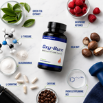 Pump The Fuel Oxy-Burn bottle surrounded by green tea extract, raspberry ketones, glucomannan, caffeine and other ingredients