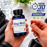 Oxy-Burn bottle and capsule with instructions to consume 30 minutes before a workout