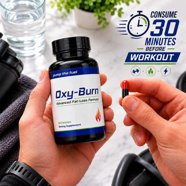 Oxy-Burn bottle and capsule with instructions to consume 30 minutes before a workout