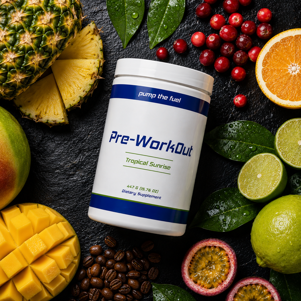 Pump The Fuel Tropical Sunrise pre-workout supplement surrounded by pineapple, mango, citrus and tropical fruit